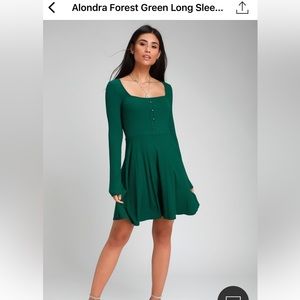 Lulus Alondra Forest Green Long Sleeve Skater Dress Large